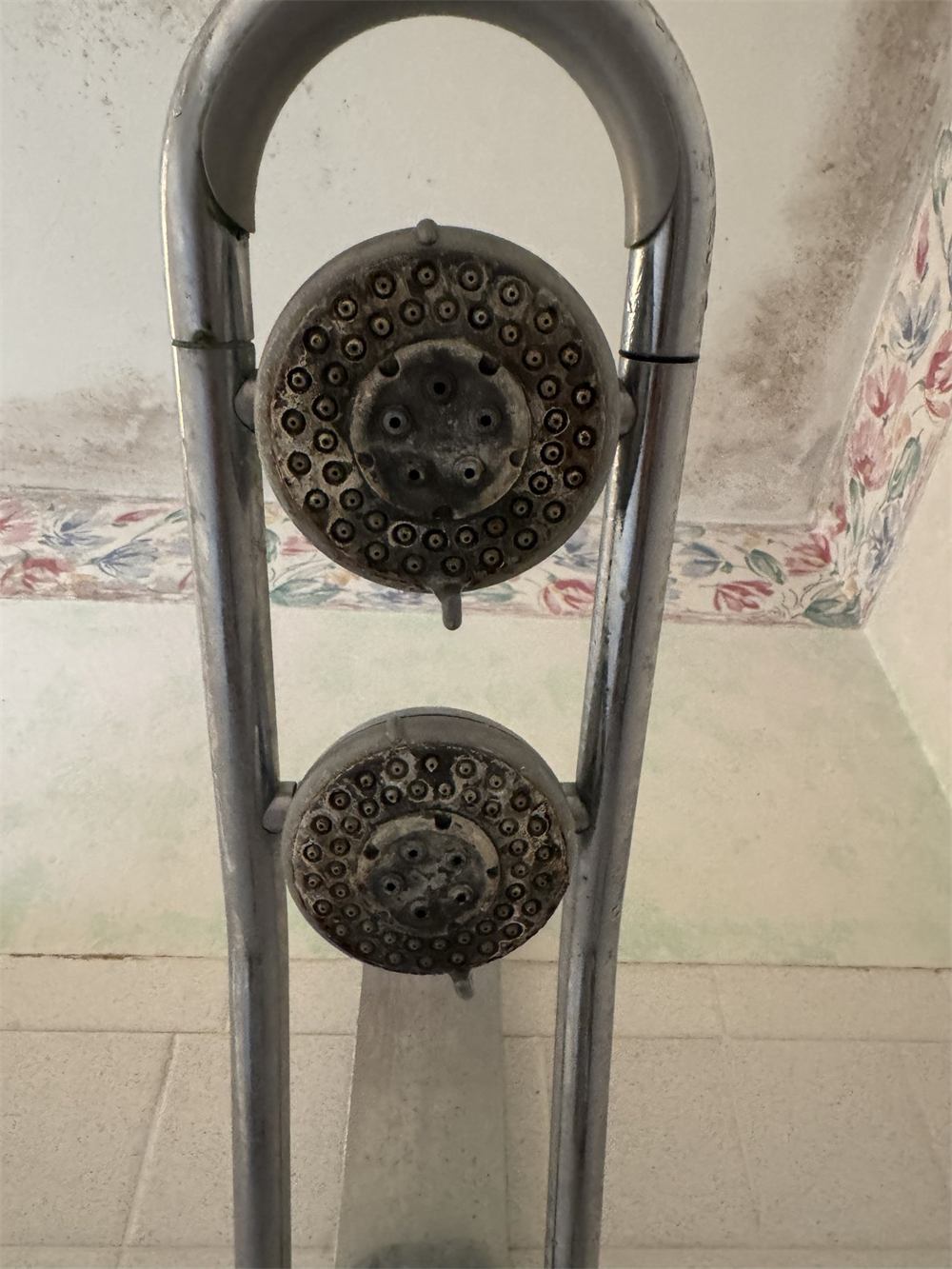 Dark mineral buildup clogging the nozzles of two shower heads, caused by manganese and iron in low-pH well water